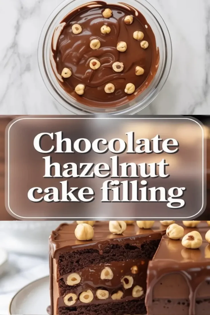 Chocolate hazelnut cake filling shown in a 2 to 3 hero image with a bowl of glossy filling above and a sliced chocolate layer cake with hazelnut studded filling below.