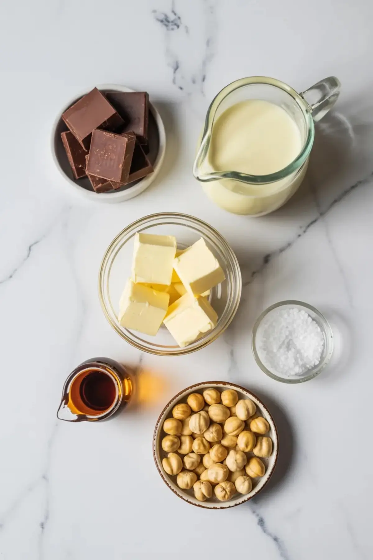 Ingredients for chocolate hazelnut cake filling arranged on white marble with dark chocolate, heavy cream, butter, vanilla, powdered sugar, salt, and hazelnuts.