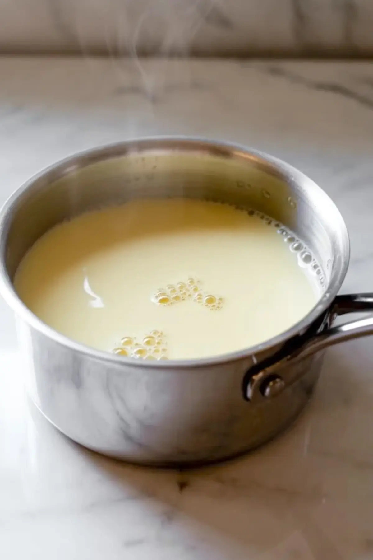 Warm heavy cream in a small saucepan for chocolate hazelnut cake filling, heated just to a gentle simmer before pouring over chopped chocolate.