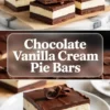 Chocolate vanilla cream pie bars shown in a 2 to 3 hero image with several layered bars above and one plated bar below.