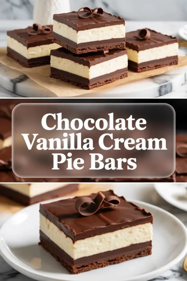 Chocolate vanilla cream pie bars shown in a 2 to 3 hero image with several layered bars above and one plated bar below.