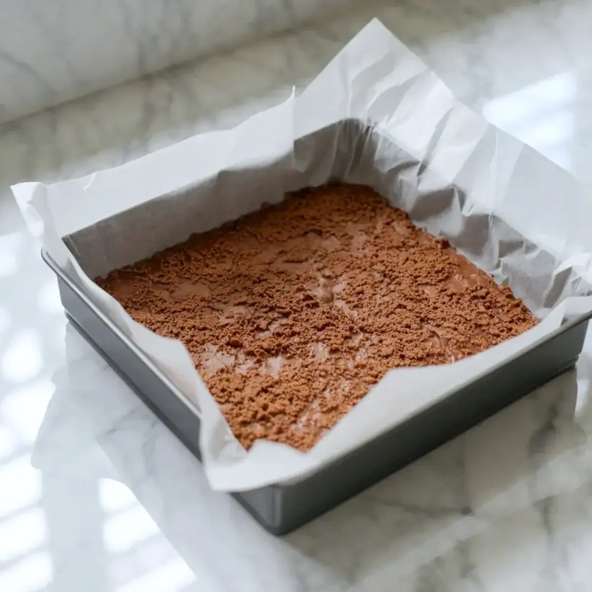 Chocolate crust pressed into a parchment lined square pan for chocolate vanilla cream pie bars on a marble surface.