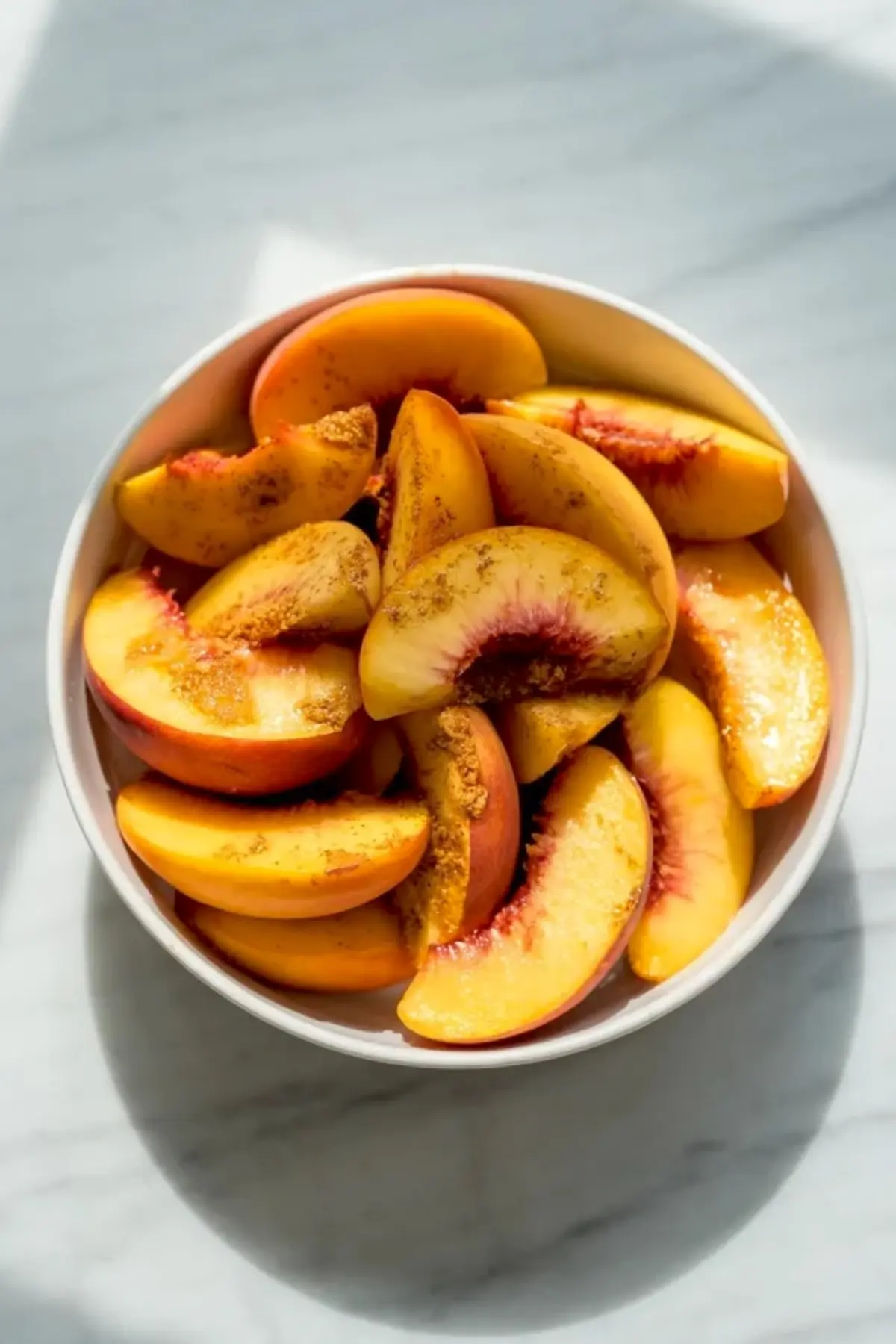 Fresh peach slices in a bowl with cinnamon, showing the fruit layer for peach cobbler cheesecake before baking.