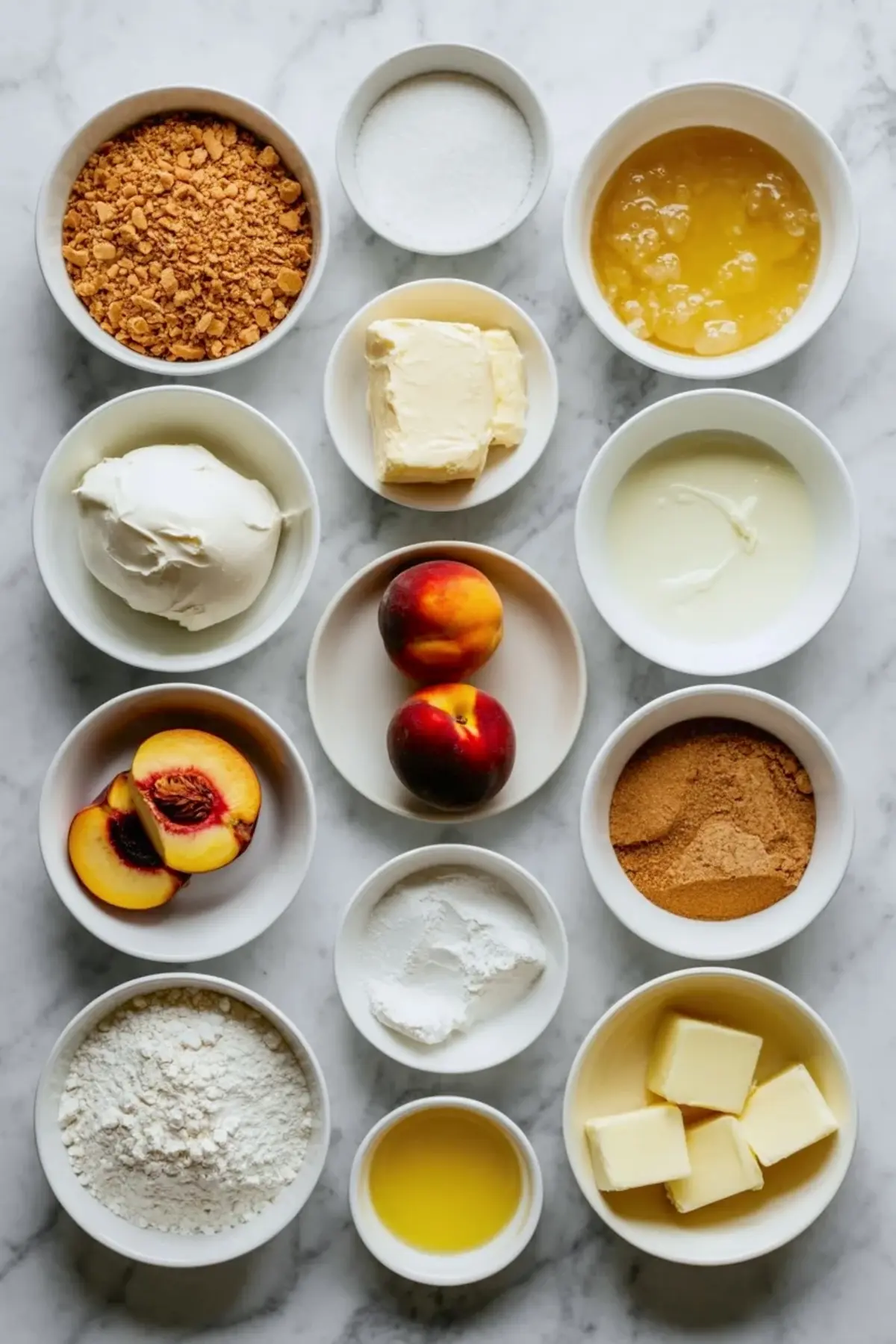 Ingredients for peach cobbler cheesecake arranged on marble with cream cheese, peaches, flour, butter, sugar, yogurt, and crumbs for the crust and streusel.