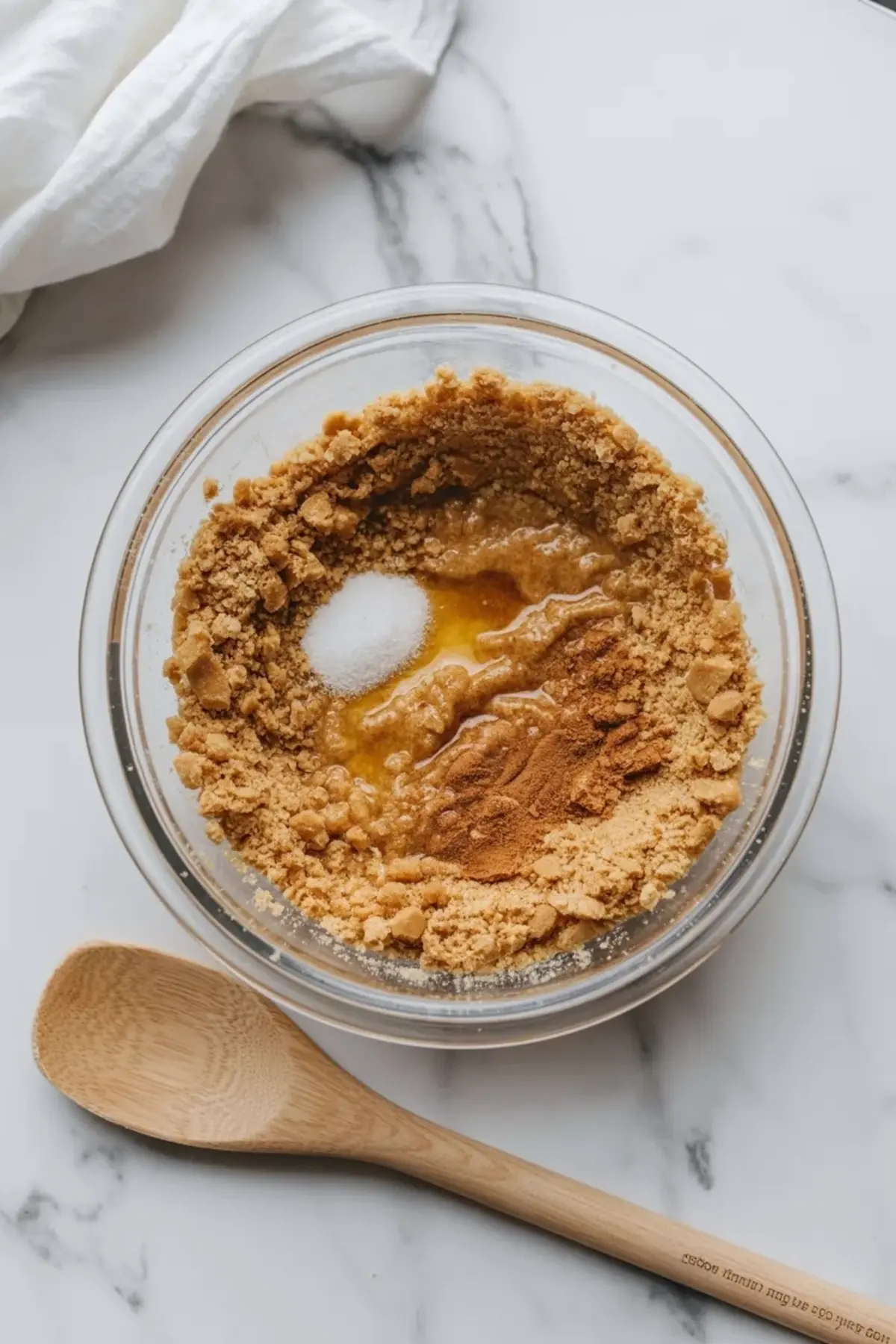 Cinnamon streusel mixture in a glass bowl before baking, showing the crumble topping for the peach cobbler cheesecake recipe.