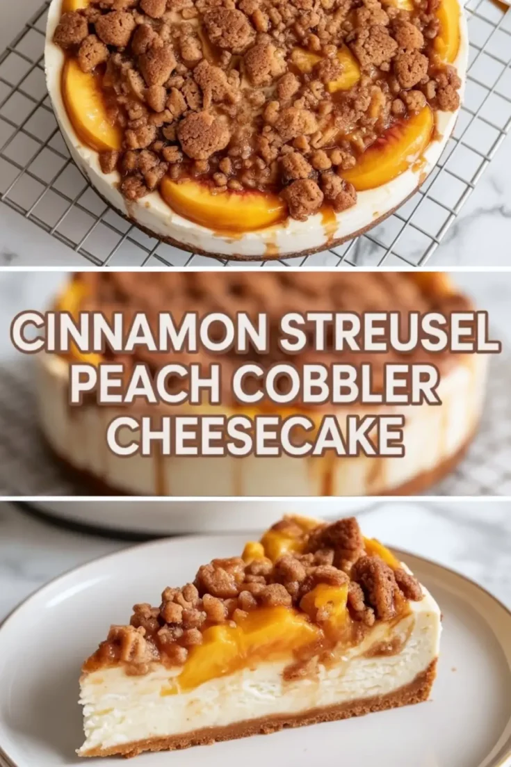 Vertical peach cobbler cheesecake hero image showing the finished cheesecake and a plated slice with cinnamon streusel and peach topping, with title text overlay in the center.