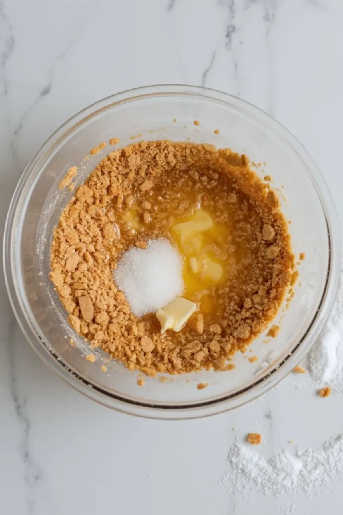 Ingredients for coconut cream pie bars arranged on white marble with butter, flour, sugar, coconut, cream, and filling ingredients.