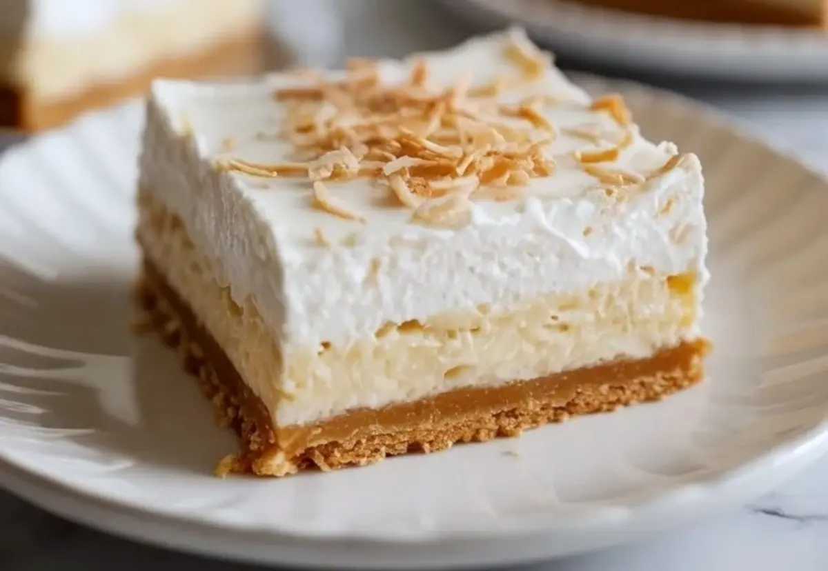 Wide top view of finished coconut cream pie bars in a pan topped with whipped cream and toasted coconut.