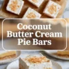Coconut cream pie bars shown in a 2 to 3 hero image with several finished bars above and one plated bar below topped with whipped cream and coconut.