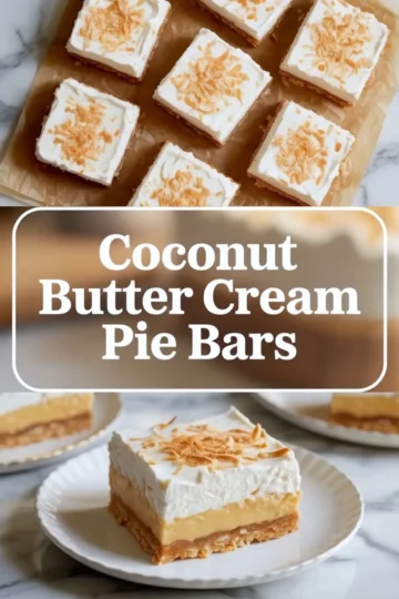 Coconut cream pie bars shown in a 2 to 3 hero image with several finished bars above and one plated bar below topped with whipped cream and coconut.