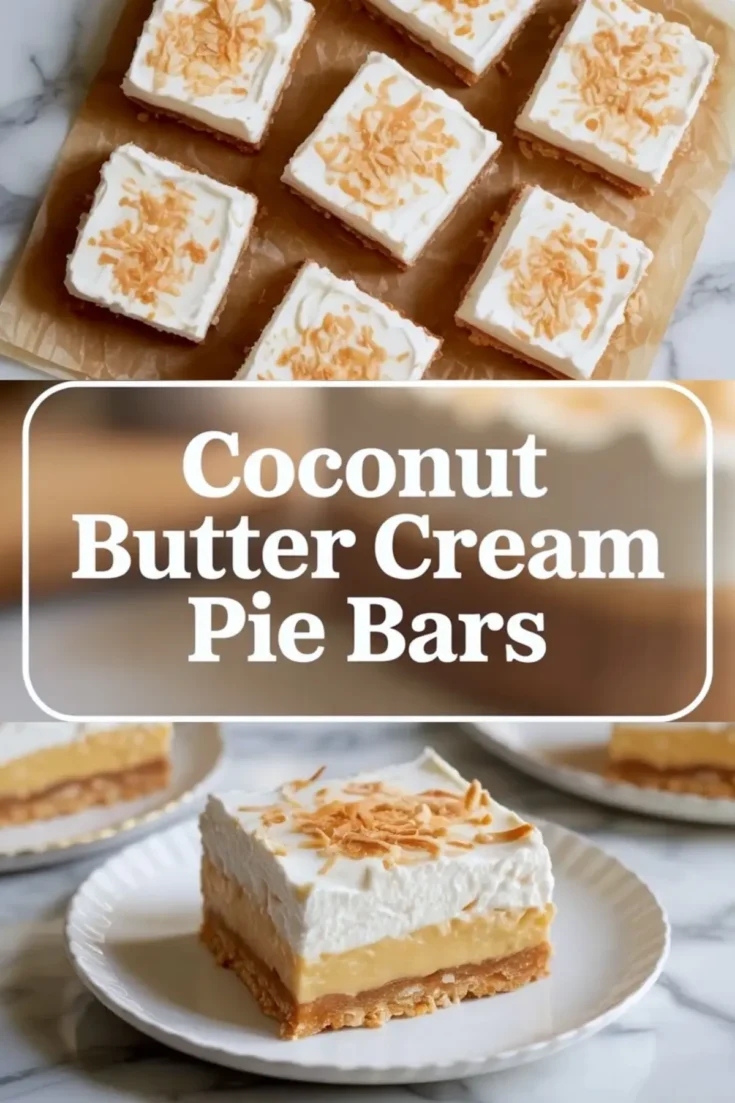 Coconut cream pie bars shown in a 2 to 3 hero image with several finished bars above and one plated bar below topped with whipped cream and coconut.