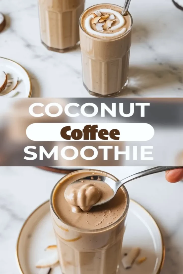 Vertical coconut coffee smoothie hero image showing creamy mocha smoothie glasses and a spoonful of the blended drink, with title text overlay in the center.