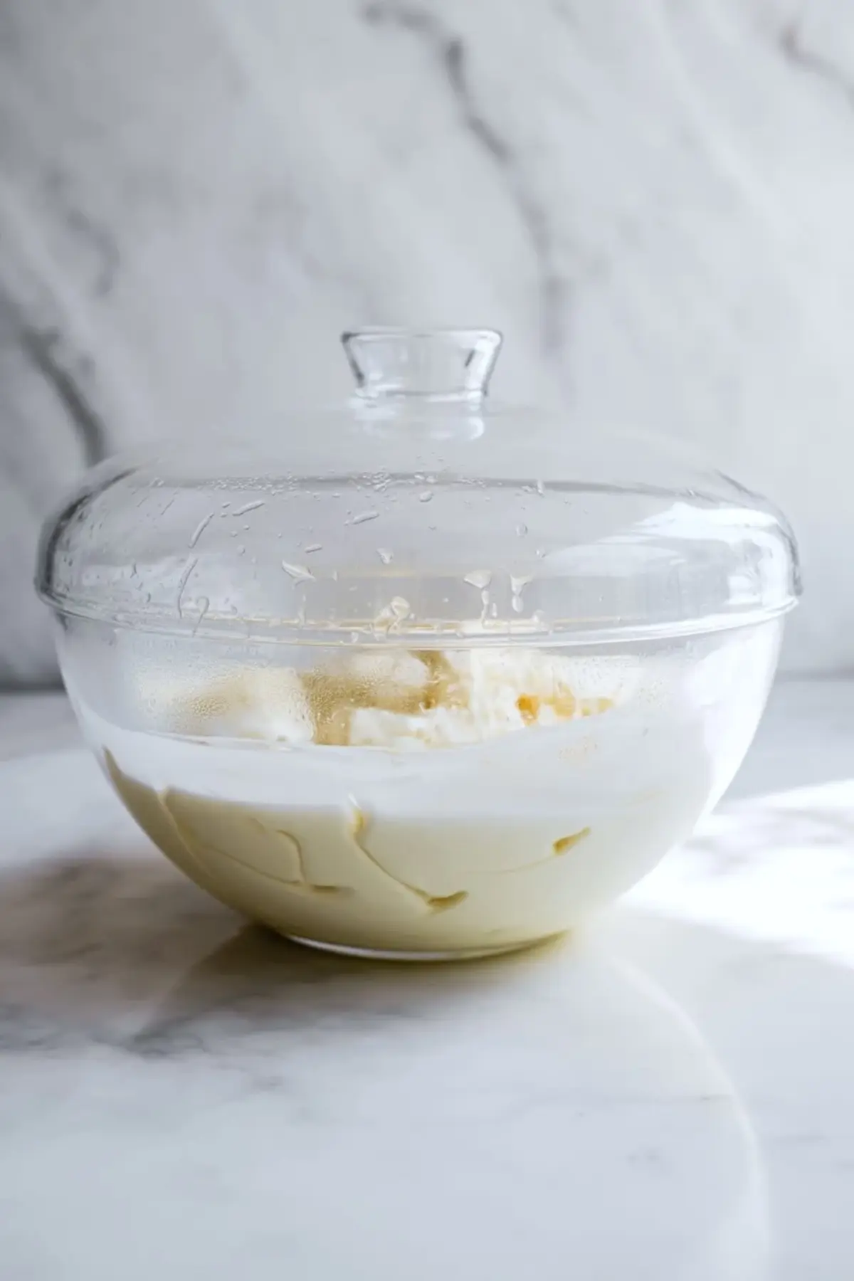 Chilled coconut ice cream resting in a covered glass bowl on a white marble surface before scooping.