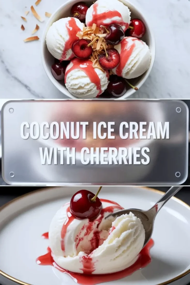 Coconut ice cream shown in a 2 to 3 hero image with a bowl of scoops above and one plated scoop with cherry sauce below.