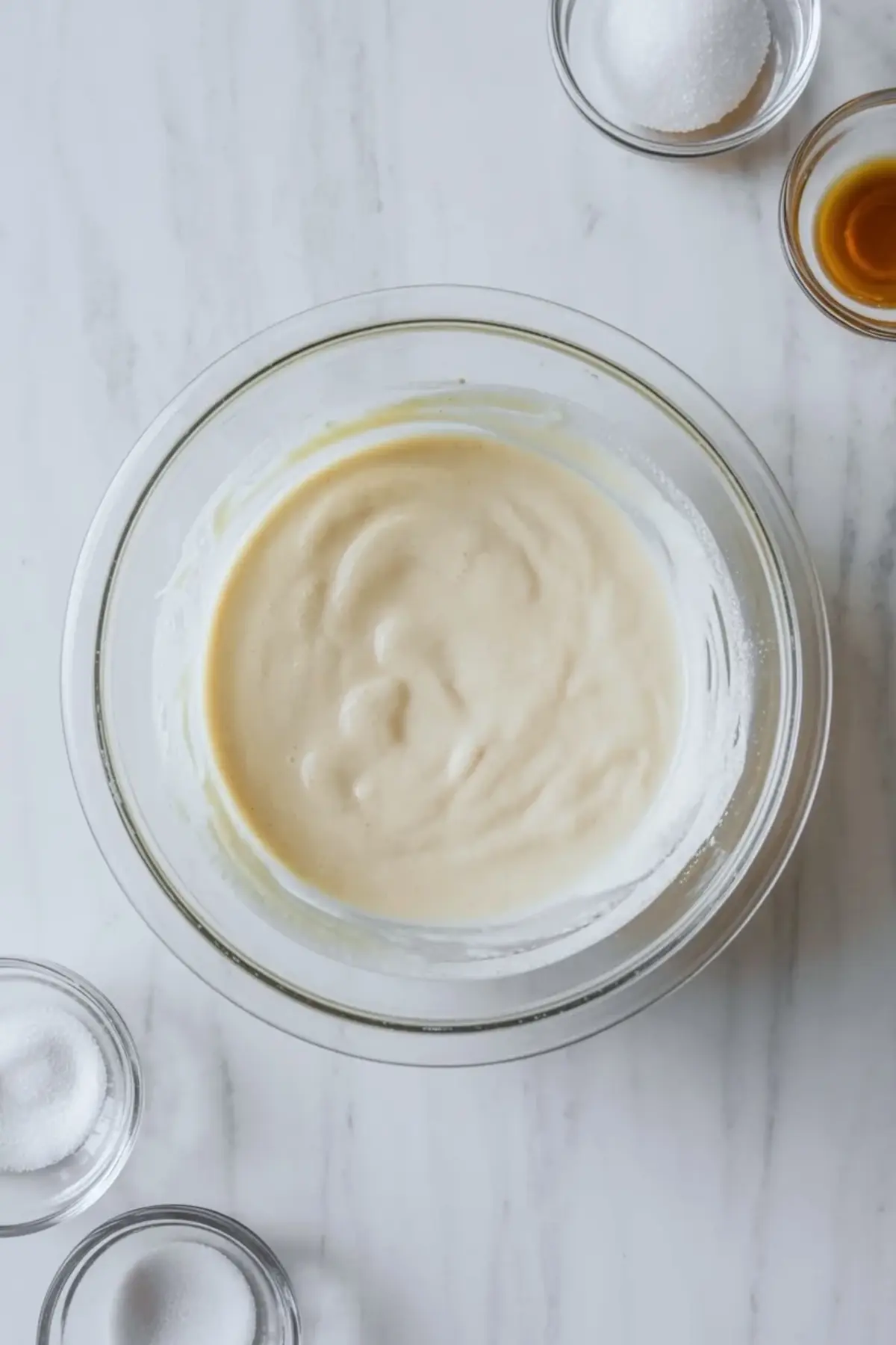Coconut ice cream base mixed in a glass bowl on white marble with sugar and vanilla nearby before chilling and churning.