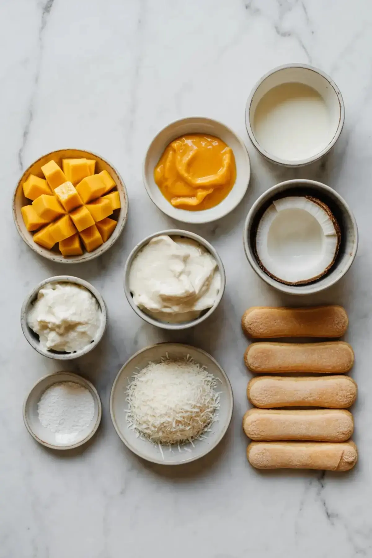 Ingredients for coconut mango tiramisu arranged on white marble with mango cubes, mango puree, coconut milk, mascarpone, cream, shredded coconut, sugar, and ladyfingers.
