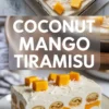 Coconut mango tiramisu shown in a 2 to 3 hero image with the finished tiramisu topped with coconut and mango cubes in the dish and one layered slice in front.