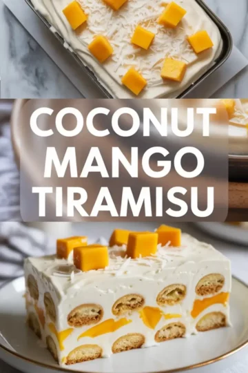 Coconut mango tiramisu shown in a 2 to 3 hero image with the finished tiramisu topped with coconut and mango cubes in the dish and one layered slice in front.