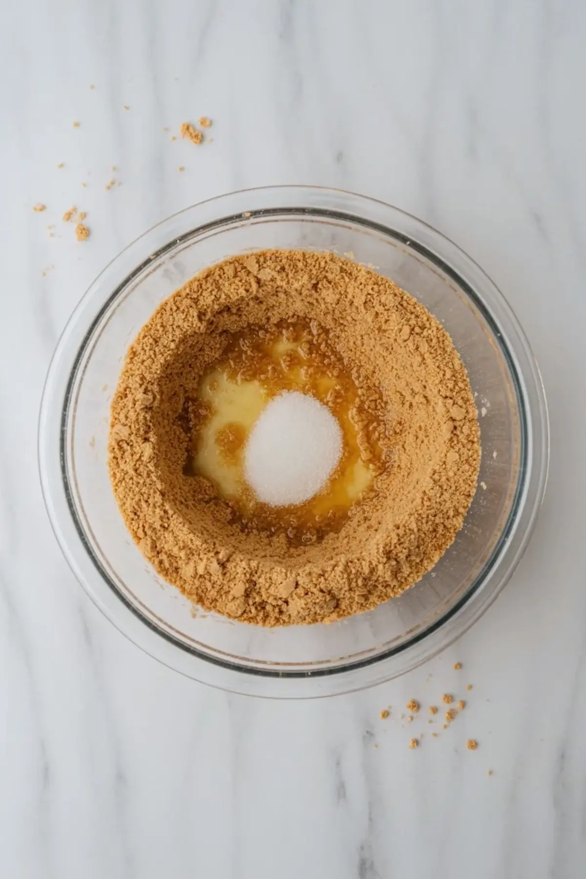 Graham cracker crumbs, melted butter, and sugar in a bowl for the crust of coconut pineapple cream pie bars.