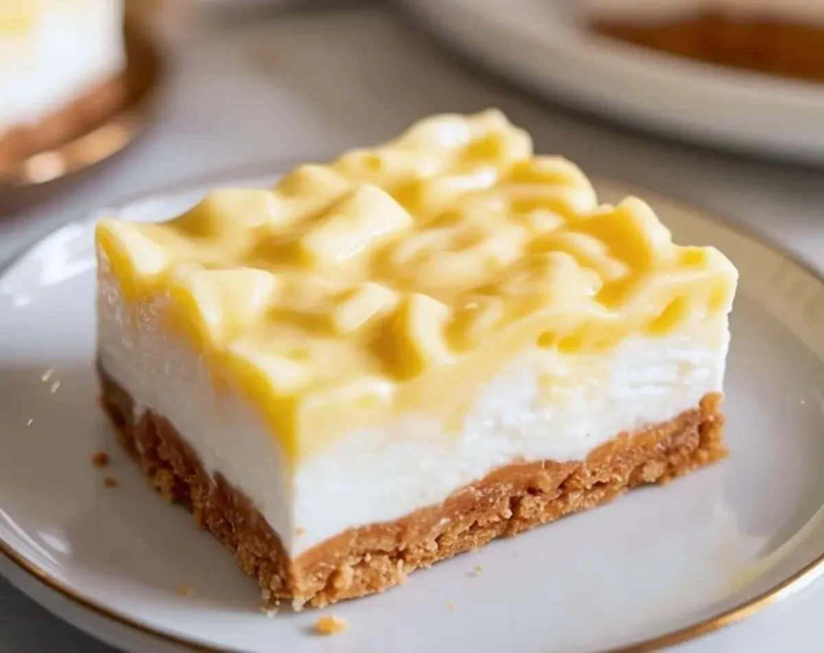 Close view of a coconut pineapple cream pie bar on a plate with a firm graham crust, fluffy coconut layer, and pineapple topping.