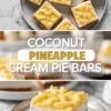 Top view of coconut pineapple cream pie bars on a platter showing the graham cracker crust, creamy coconut layer, and pineapple topping.