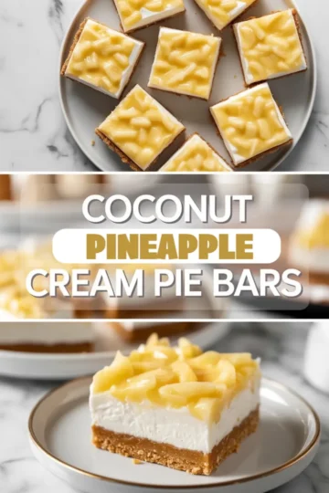 Top view of coconut pineapple cream pie bars on a platter showing the graham cracker crust, creamy coconut layer, and pineapple topping.