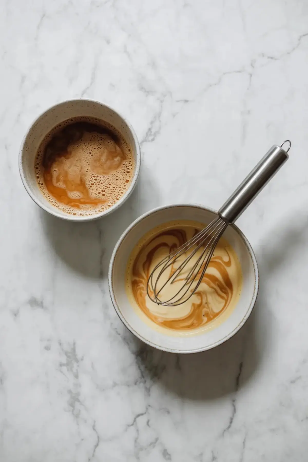 Ingredients for espresso cake filling arranged on white marble with milk, espresso powder, sugar, egg yolks, cornstarch, butter, vanilla, and cream.