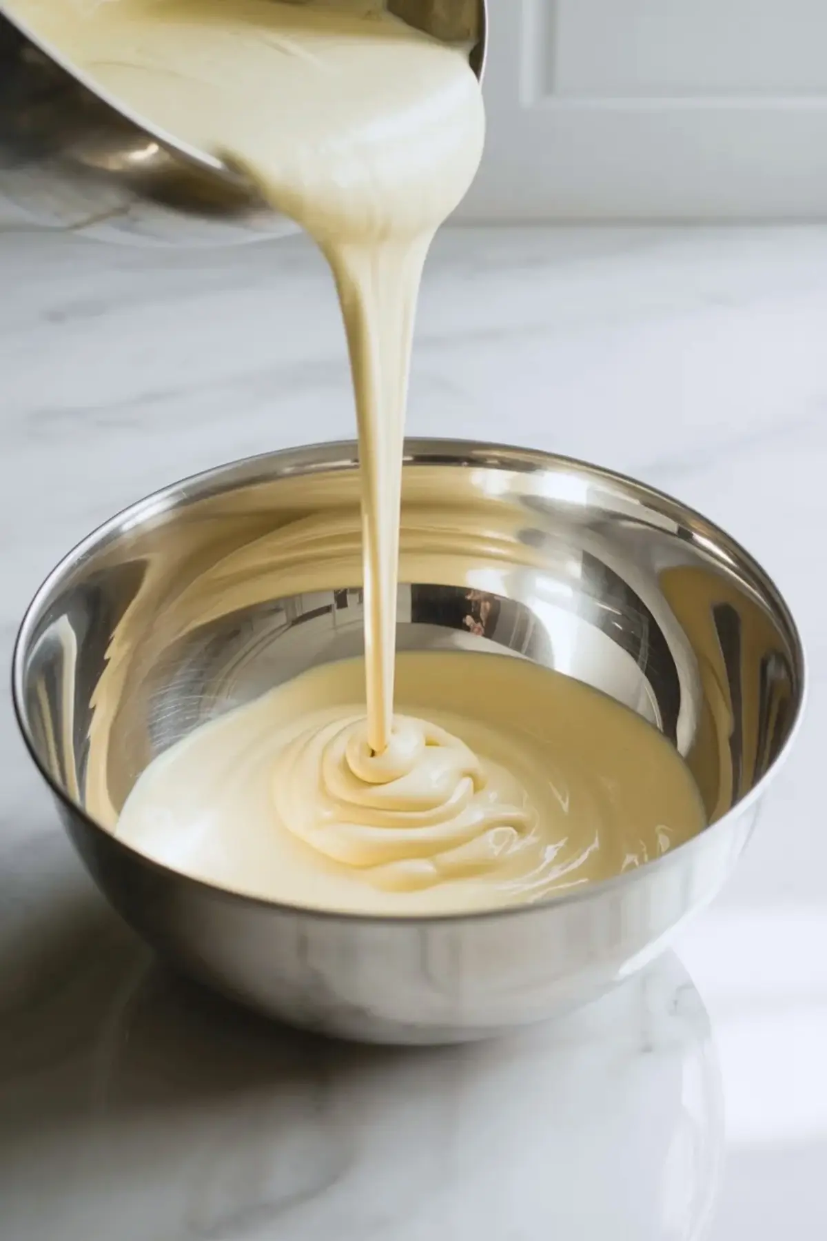 Heavy cream mixture being poured into a metal bowl for espresso whipped cream on a white marble surface.