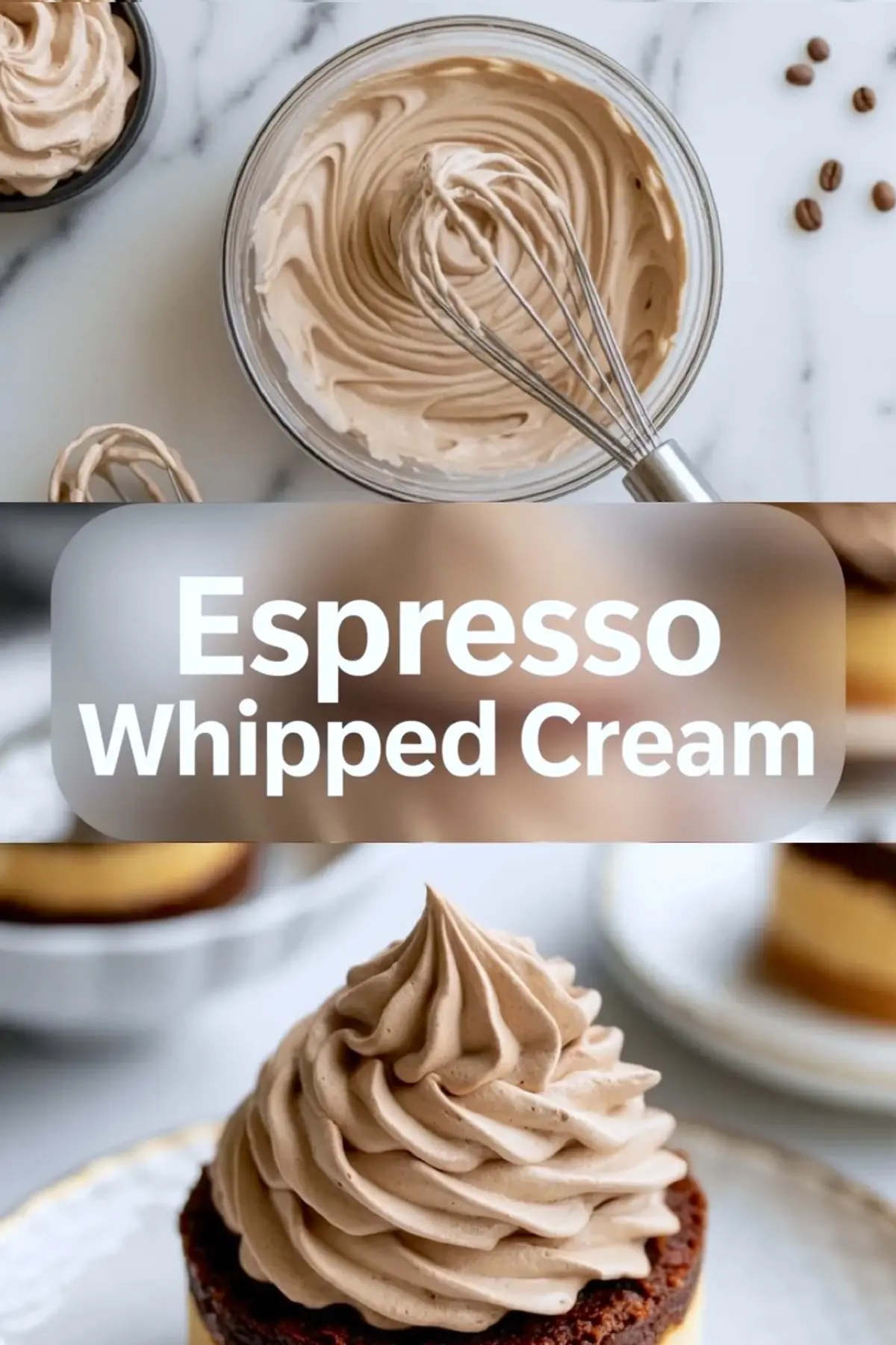 Espresso whipped cream piped in a tall swirl over a chocolate cupcake on a white plate.