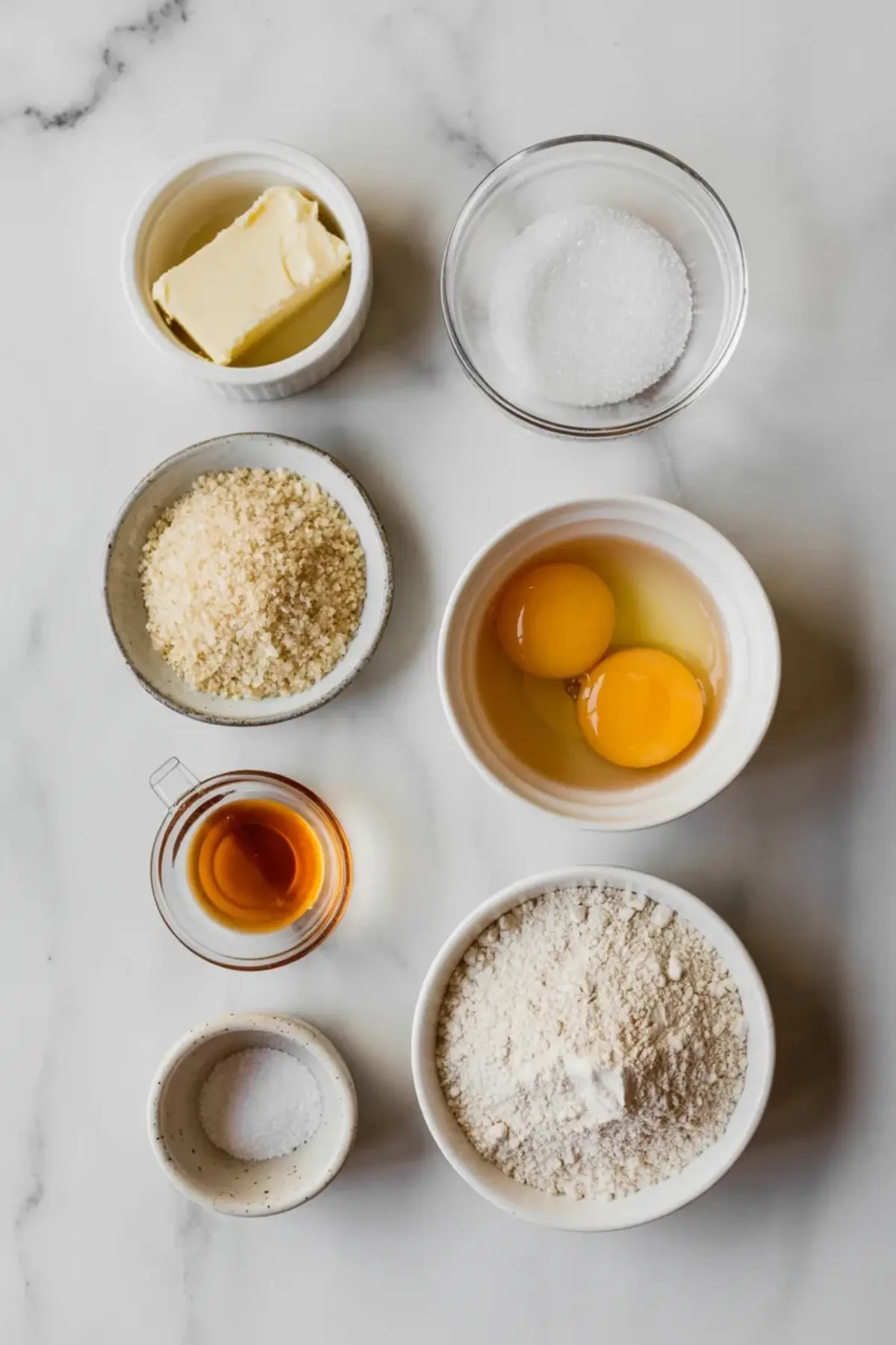 Ingredients for frangipane cream filling arranged on white marble with butter, sugar, almond flour, eggs, vanilla, flour, and salt.