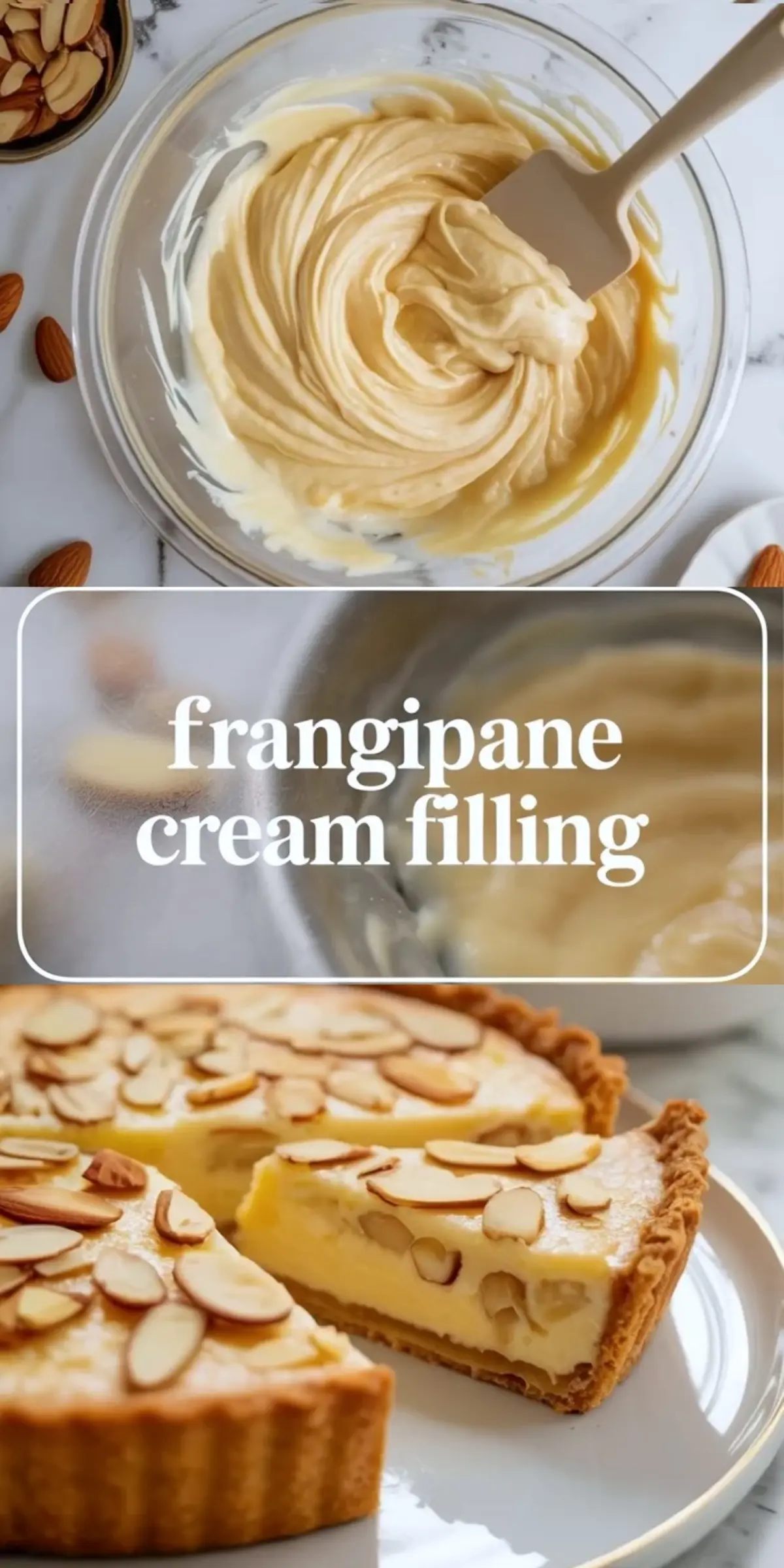 Collage of frangipane cream filling in a bowl and a sliced almond tart, with title text across the center panel.