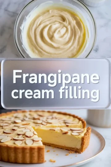 Vertical frangipane cream filling hero image showing a bowl of smooth almond filling above a finished tart slice, with title text overlay in the center.