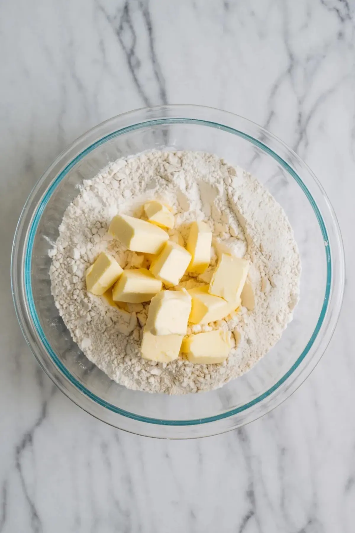 Cold butter cubes added to flour in a glass bowl for galette frangipane pastry dough on a white marble surface.