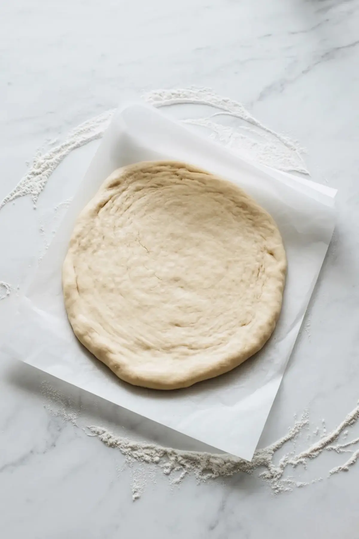 Rolled galette dough on parchment for galette frangipane, shaped into a round with a raised edge on a floured white marble surface.
