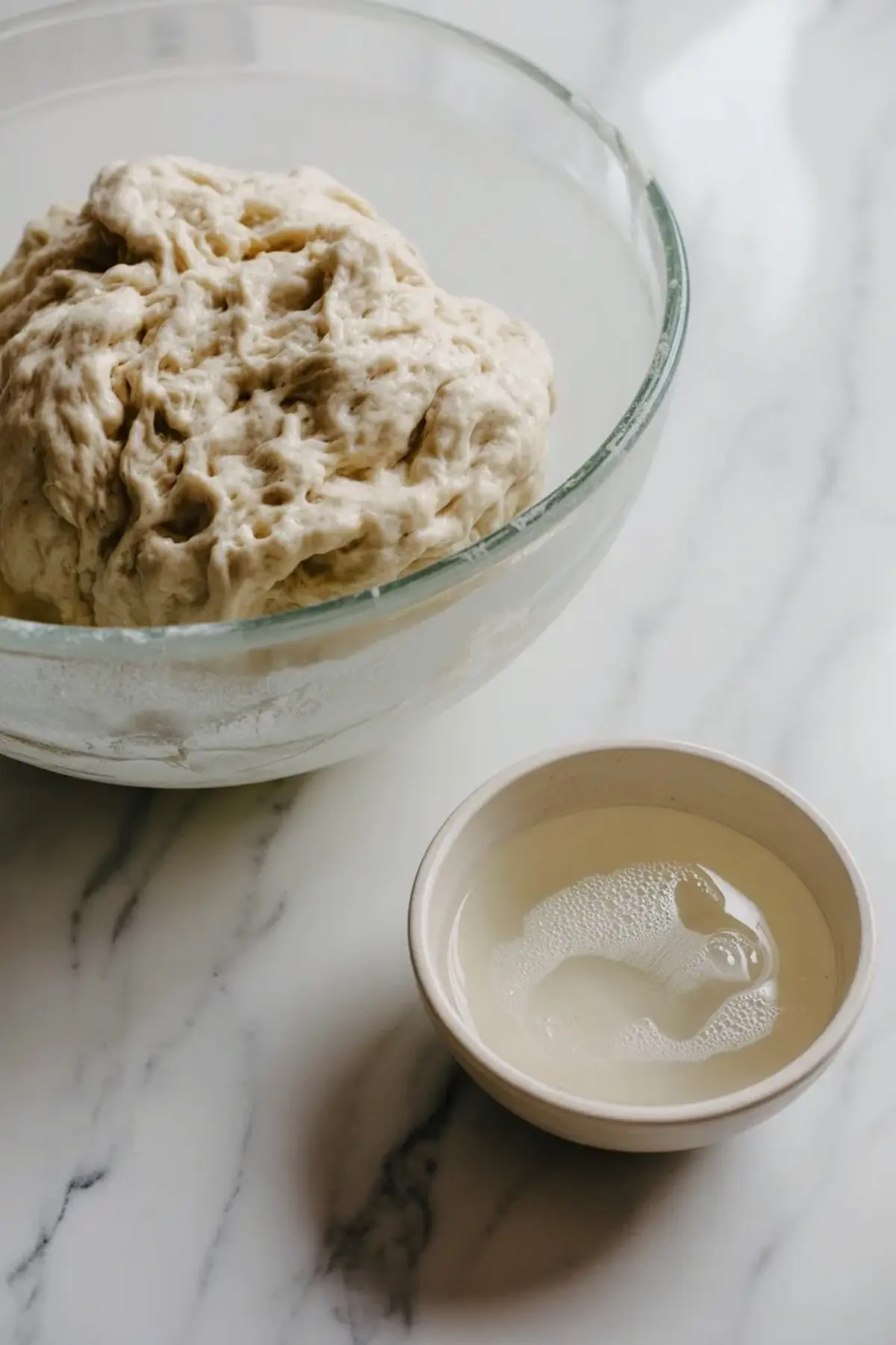 Pastry dough for galette frangipane resting in a glass bowl with ice water beside it, showing the dough just after mixing on white marble.
