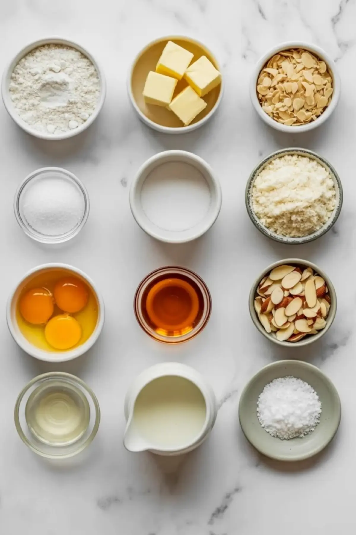 Ingredients for galette frangipane arranged on white marble with flour, butter, almond flour, sliced almonds, eggs, sugar, milk, and extracts in small bowls.