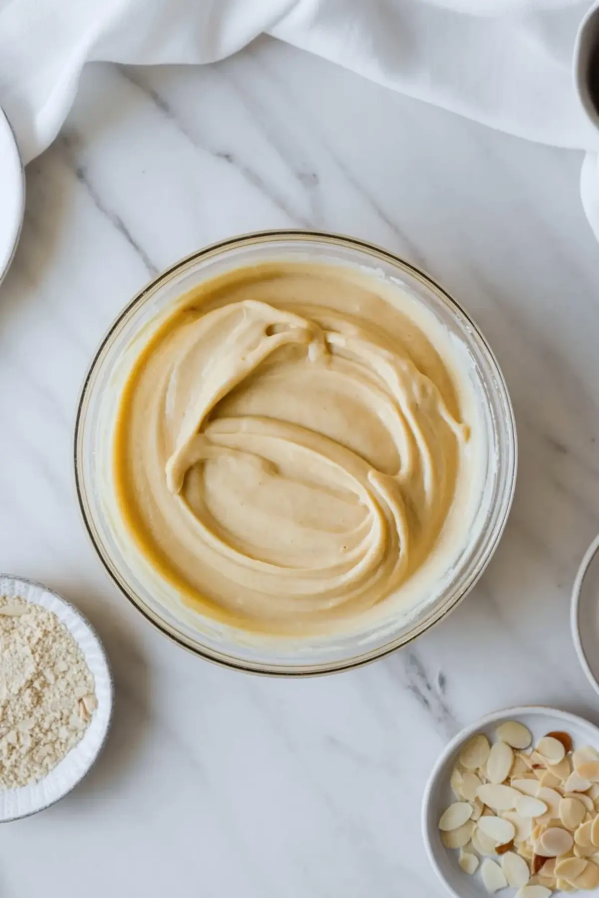 Smooth almond frangipane filling in a glass bowl for galette frangipane, showing the creamy almond mixture before spreading.