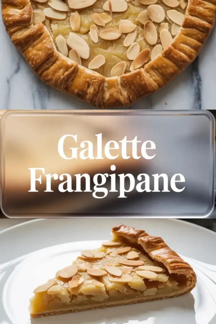 Galette frangipane shown in a 2 to 3 hero image with a golden almond galette topped with sliced almonds on a white marble background.