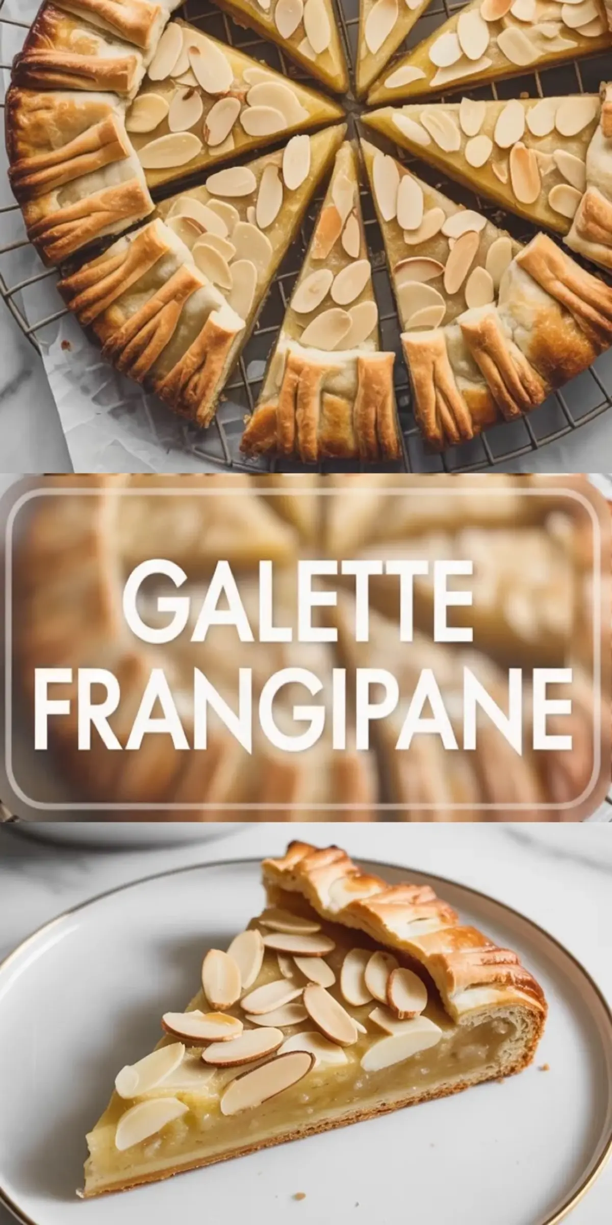 Tall collage of galette frangipane showing the sliced almond galette above and one plated slice below with the recipe title in the center.
