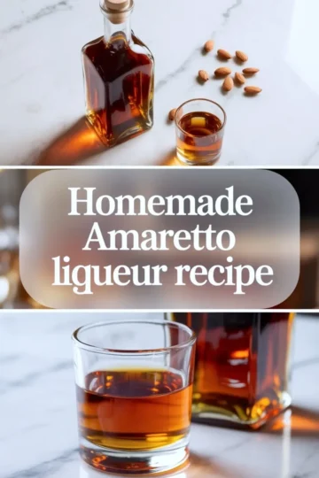 Bottle of homemade amaretto liqueur beside a small serving glass on white marble with whole almonds nearby.