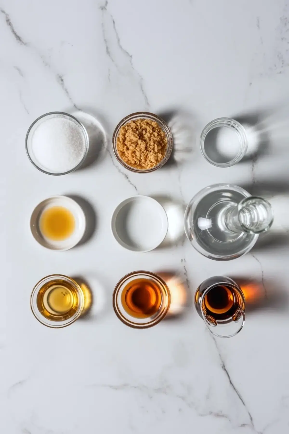 Ingredients for homemade amaretto arranged on white marble with sugar, brown sugar, vanilla, almond extract, vodka, and a glass bottle.