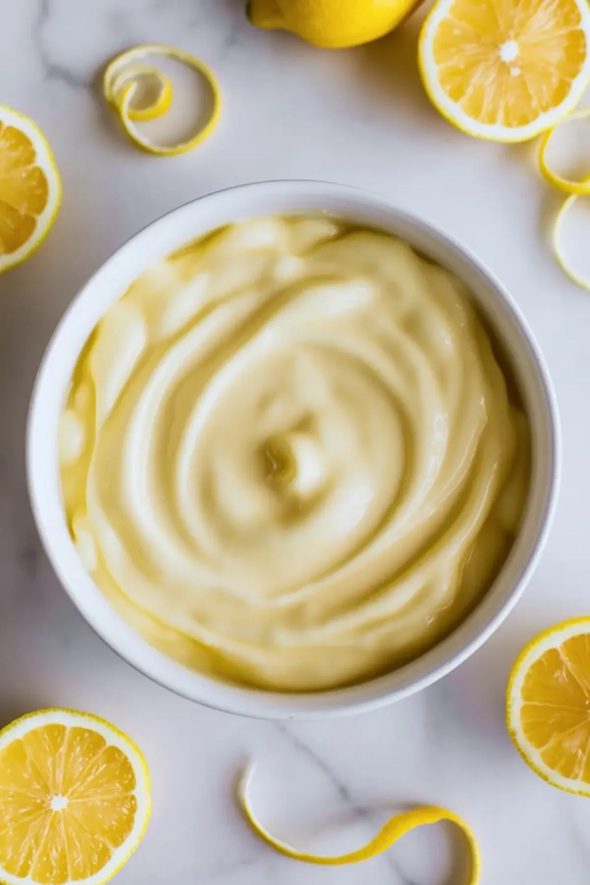 Smooth lemon filling for lemon bars in a white bowl with halved lemons and lemon peel on a marble surface.
