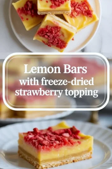 Lemon bars shown in a 2 to 3 hero image with several bars above and one plated bar below topped with freeze-dried strawberries.