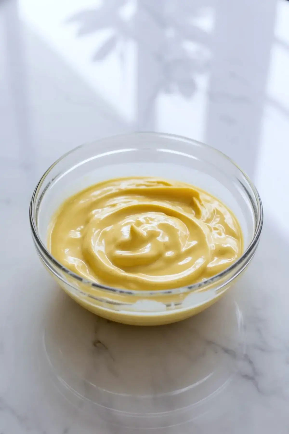 Smooth lemon filling in a clear glass bowl for lemon bars with strawberry swirl, showing the pale citrus custard before baking.