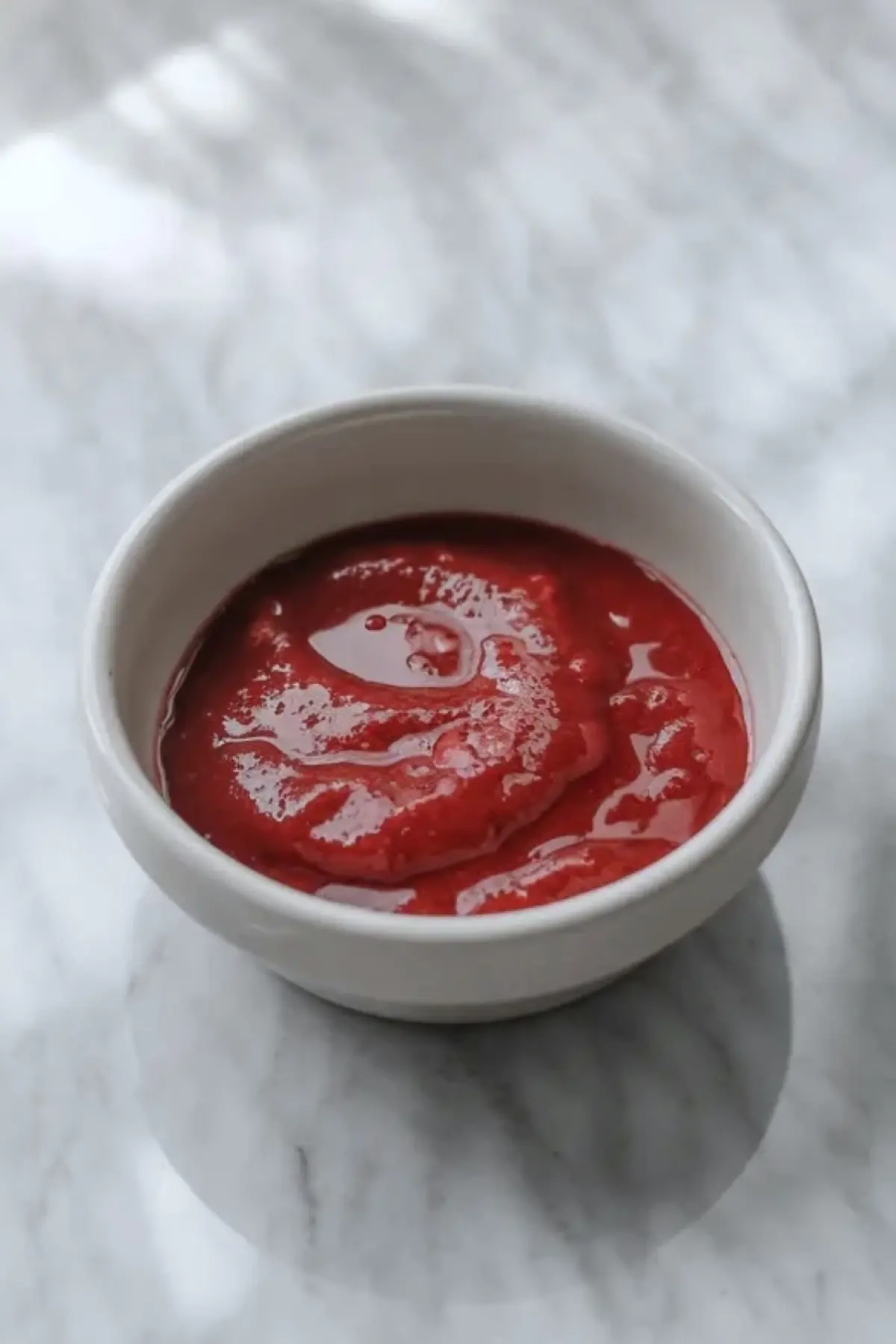 Cooked strawberry puree in a small white bowl for lemon bars with strawberry swirl, ready to spoon over the lemon filling.