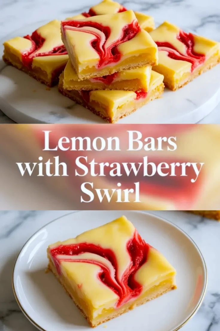 Tall collage of lemon bars with strawberry swirl showing stacked lemon bars above and one plated bar below with the recipe title across the center.