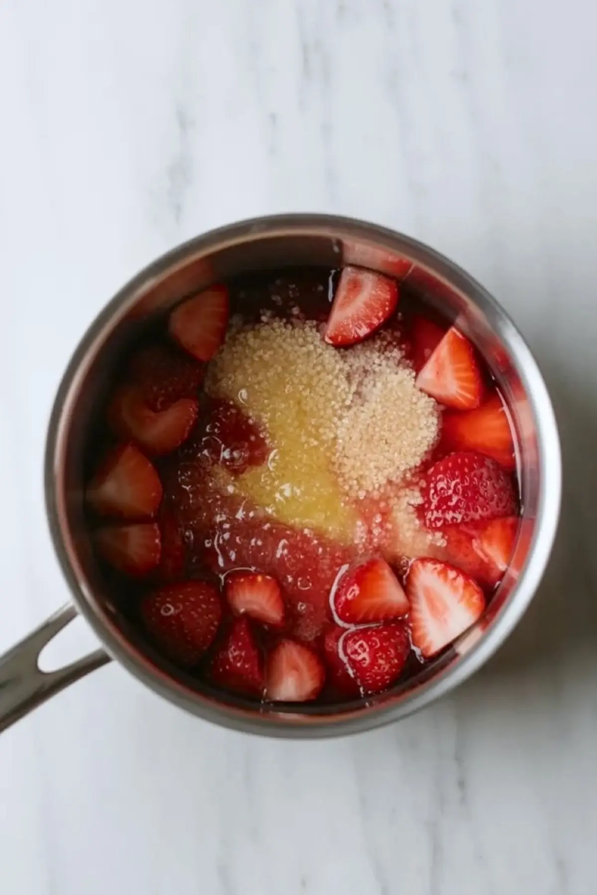Fresh strawberries, sugar, and lemon juice in a saucepan for lemon bars with strawberry swirl before the berry mixture cooks down.