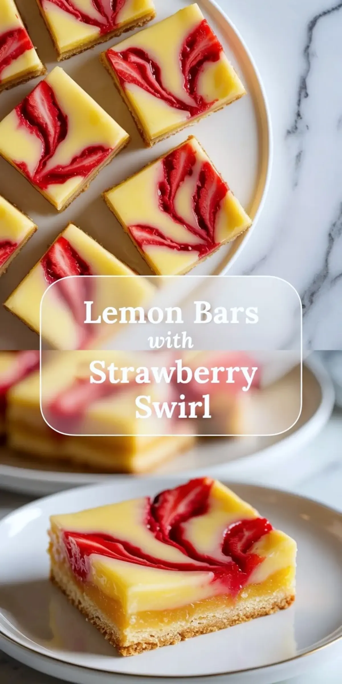 Lemon bars with strawberry swirl shown in a tall 2 to 3 hero image with glossy pink swirls on pale lemon bars arranged on a plate with one plated bar below.