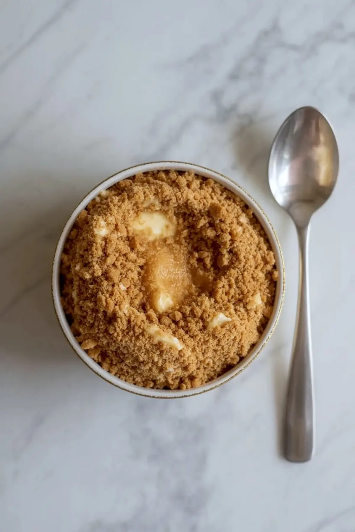 A chilled lemon cheesecake cup sits beside a spoon with the creamy center visible beneath a graham crumb finish.