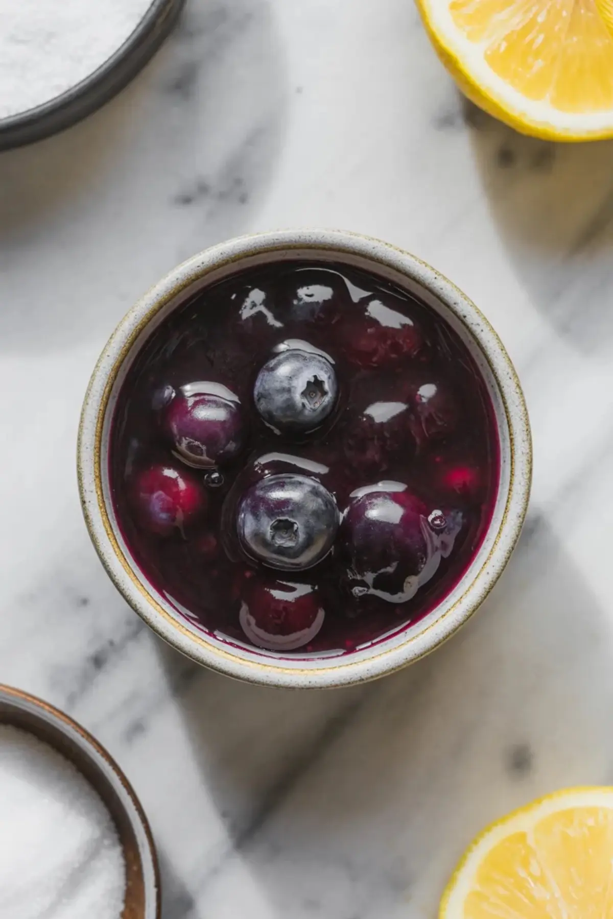 Glossy blueberry topping for lemon blueberry cheesecake cups fills a small bowl with whole blueberries in the thick sauce.